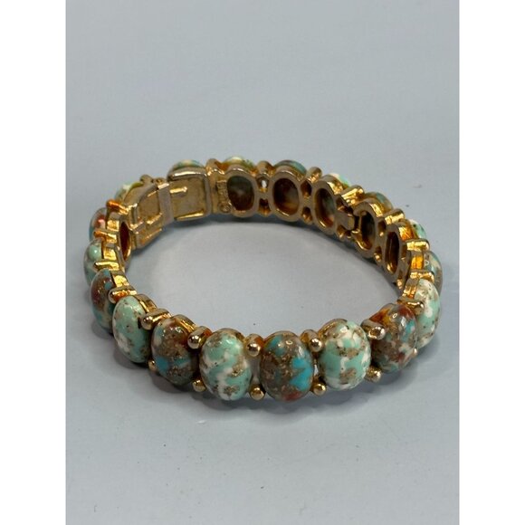 MCM HAR Designer Signed Turquoise Hinged Cuff Bracelet 6" Vintage Gold Tone Jewe - Picture 5 of 6
